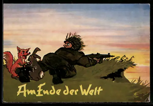 AK Am Ende der Welt, Soldat mit Gewehr, Fuchs u. Hase, Karikatur, Bundeswehr