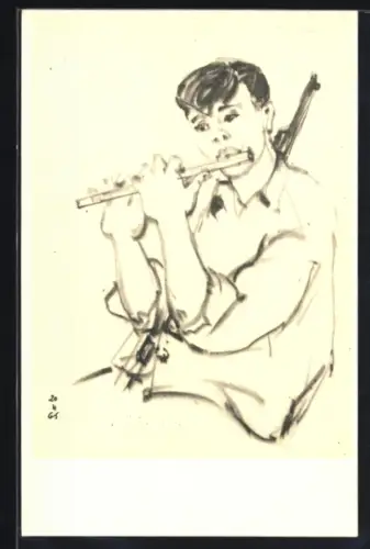 AK Portrait eines Widerstandskämpfers in Südvietnam mit Gewehr und Flöte, Vietnamkrieg