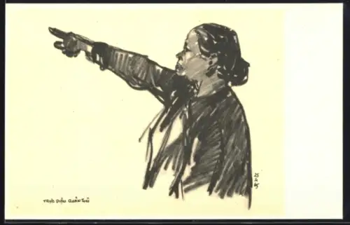AK Südvietnamesische Widerstandskämpferin mit erhobenem Arm, Vietnamkrieg