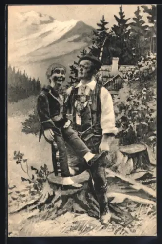 AK Seppl Jonas, Bauchredner mit Puppe vor Berglandschaft