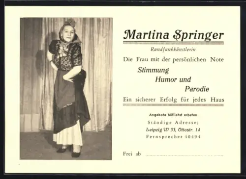 AK Leipzig, Rundfunkkünstlerin Martina Springer in Tracht