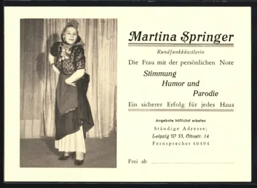 AK Leipzig, Rundfunkkünstlerin Martina Springer in Tracht