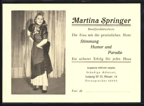 AK Leipzig, Rundfunkkünstlerin Martina Springer in Tracht