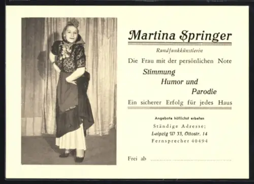AK Leipzig, Rundfunkkünstlerin Martina Springer in Tracht