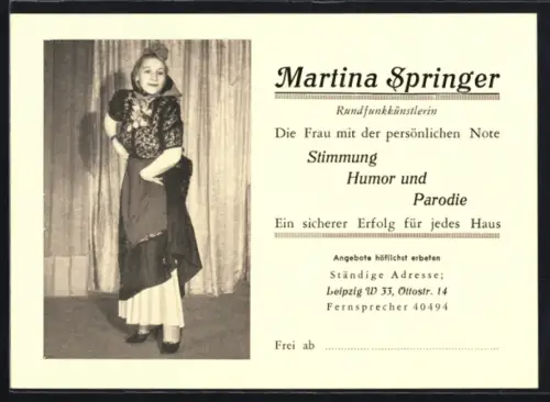 AK Leipzig, Rundfunkkünstlerin Martina Springer in Tracht