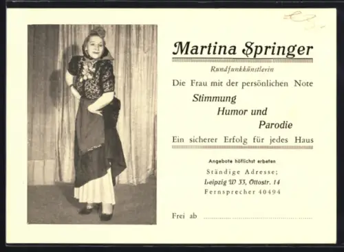 AK Leipzig, Rundfunkkünstlerin Martina Springer in Tracht