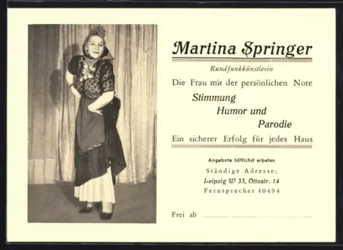 AK Leipzig, Rundfunkkünstlerin Martina Springer in Tracht