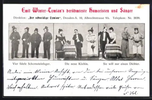 AK Emil Winter-Tymians Humoristen u. Sänger, Vier fidele Schornsteinfeger, Die neue Köchin, Spielszenen