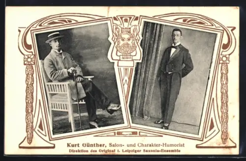 AK Humorist Kurt Günther, Portraits im Ornament-Rahmen
