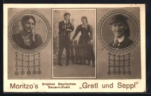 AK Moritzos Bayrisches Bauern-Duett Gretl und Seppl, Portraits