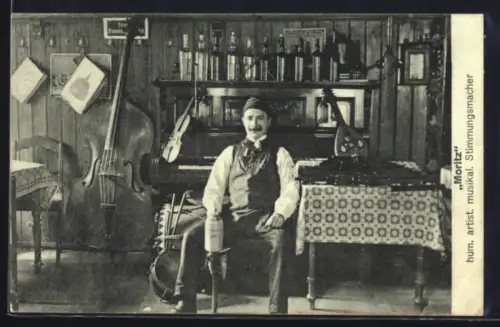AK Humorist Moritz, Portrait mit Musikinstrumenten
