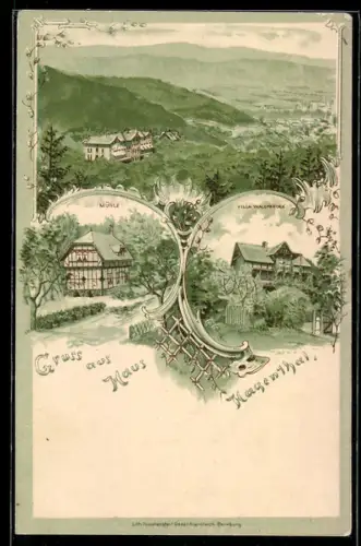 Lithographie Gernrode-Hagenthal / Harz, Villa Waldfrieden, Ansicht der Mühle