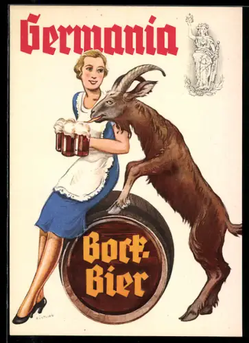 AK Brauerei-Werbung für Germania Bock-Bier, Ziegenbock auf einem Bierfass