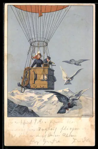 Künstler-AK Frankfurt a. M., Internationale Luftschiffahrt-Ausstellung 1909, Ballon über Bergen
