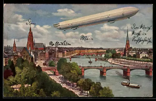 AK Frankfurt a. M., Internationale Luftschiffahrts-Ausstellung, Zeppelin über der Stadt