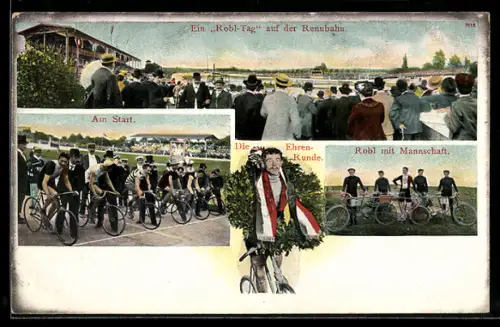 AK Robl-Tag auf der Rennbahn, Partie am Start und Mannschaftfoto beim Radsport