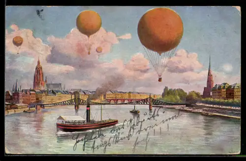 AK Frankfurt-Sachsenhausen, Heissluftballons über dem Main, Dampfer