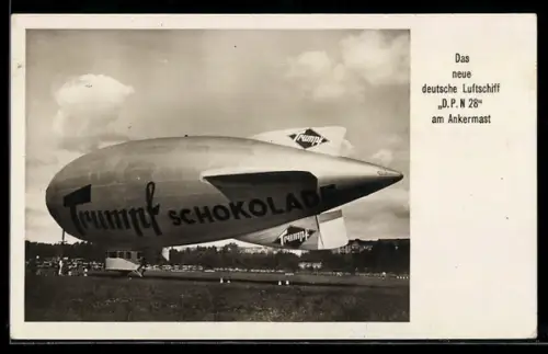 AK Das neue deutsche Zeppelin-Luftschiff D. P. N. 28 am Ankermast, Reklame für Trumpf-Schokolade