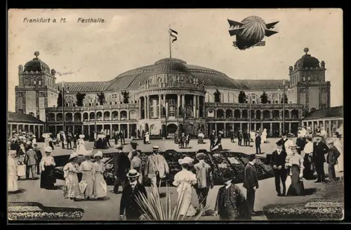 AK Frankfurt am Main, Zeppelin über der Festhalle
