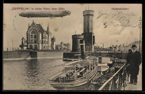 AK Köln, Zeppelin über der Hafeneinfahrt, Dampfer