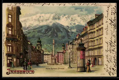 Lithographie Innsbruck, Maria Theresia Strasse mit leuchtenden Fenstern bei Halt gegen das Licht