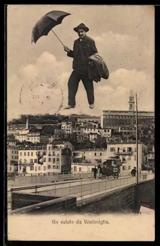 AK Ventimiglia, Fliegende Mensch über dem Ort