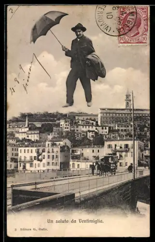 AK Ventimiglia, Fliegende Mensch über dem Ort
