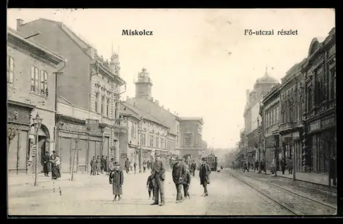 AK Miskolcz, Fö-utczai részlet, Strassenbahn