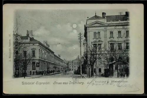 Mondschein-AK Oedenburg, Elisabethstrasse im Vollmondlicht