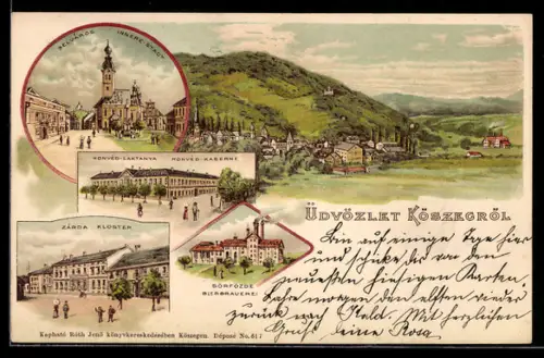 Lithographie Köszec, Honved-Kaserne, Kloster, Innere Stadt