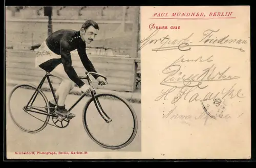 AK Paul Mündner aus Berlin auf seinem Rennrad, Radsport