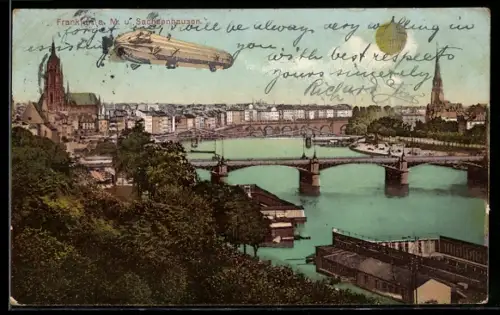 AK Frankfurt /Main, Totalansicht mit Sachsenhausen, Zeppelin und Ballon