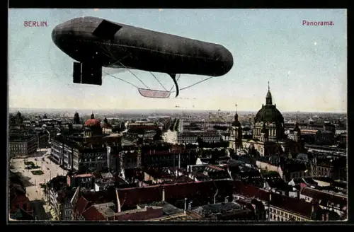 AK Berlin, Parsevalballon im Fluge über der Stadt, Panoramaansicht von Berlin, Zeppelin