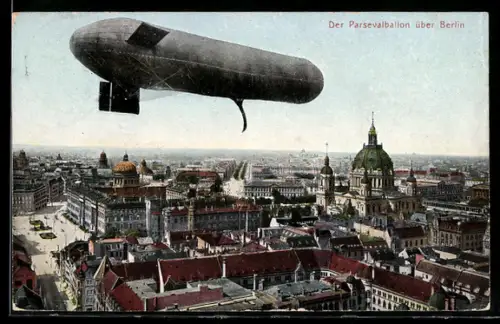 AK Berlin, Zeppelin Parsevalballon über der Stadt
