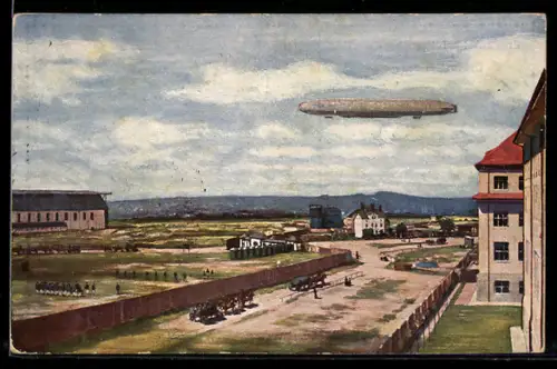 AK Dresden, Zeppelin über der Kaserne der Ersatz-Abt. d. Telegraphen-Btls. Nr. 7