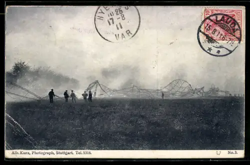 AK Echterdingen, zerstörtes Zeppelin-Luftschiff nach der SturmKatastrophe am 05.August 1908