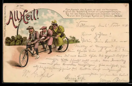 Lithographie Herr mit zwei Frauen auf einem Tridem-Fahrrad