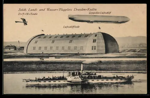 AK Dresden-Kaditz, Zeppelin-Luftschiff über dem Städtischen Land- und Wasser-Flugplatz, Luftschiffhalle, D.-F.-W.-Taube