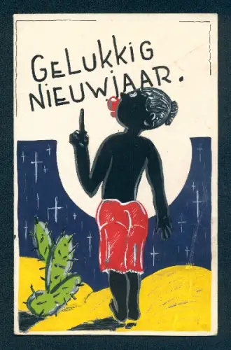 Klapp-Handzeichnung Mann mit freiem Oberkörper neben einem Kaktus betrachtet den Himmel, Neujahrsgruss