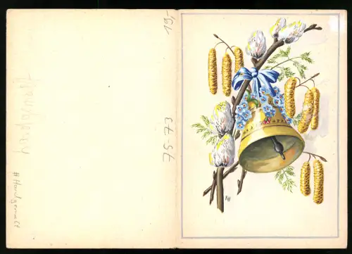 Klapp-Handzeichnung Goldene Glocke mit Vergissmeinnicht und anderen Blumen, Scherenschnitt-Osterhasen innen