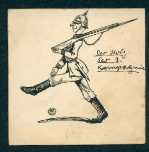 Handzeichnung Soldat mit Pickelhaube und geschultertem Gewehr