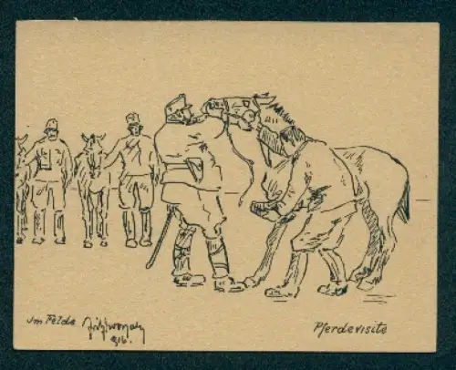 Handzeichnung Soldaten in Uniform bei der Pferdevisite