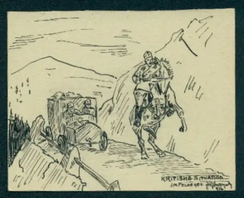 Handzeichnung Soldat auf Pferd vor einem Auto nahe einer Klippe