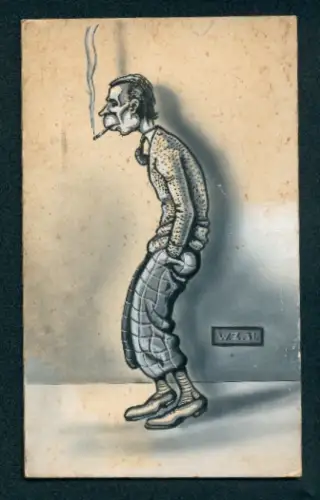 Handzeichnung Mann mit Händen in der Tasche beim Rauchen vor einer Wand