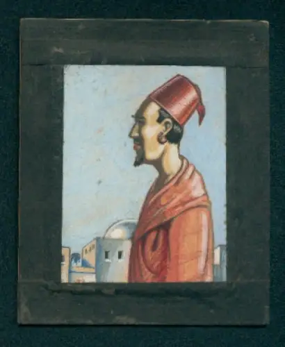 Handzeichnung Mann mit Fez vor einem Ort im Profil