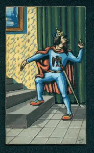 Handzeichnung König mit Krone auf einer Treppe und Schwert an der Seite