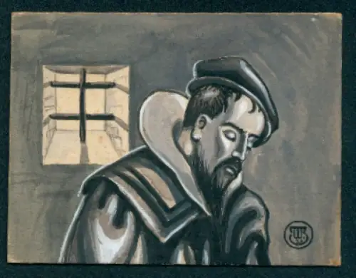 Handzeichnung Mann mit geschlossenen Augen in einem dunklen Zimmer und Mann mit Pfeife und Hut im Profil