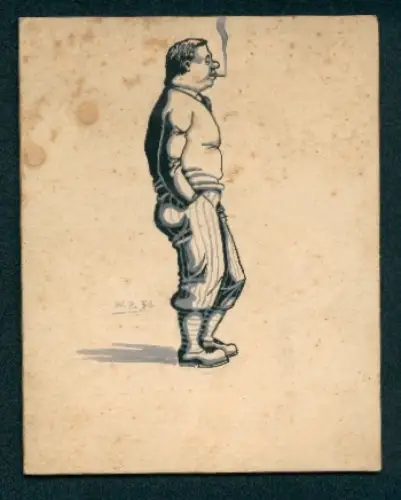 Handzeichnung Rauchender Mann mit Händen in den Taschen