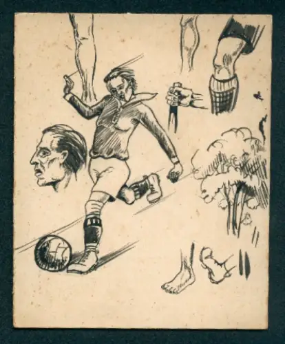 Handzeichnung Fussballspieler läuft einem Ball hinterher, andere Zeichnungen von Körperteilen