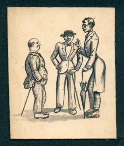 Handzeichnung Drei elegante Herren in unterschiedlicher Grösse und mit Regenschirm